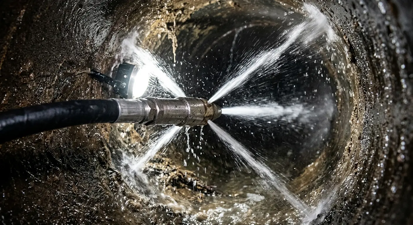 High-pressure hydro jetting nozzle cleaning sewer pipe for Emergency Drain Service in Little Ferry