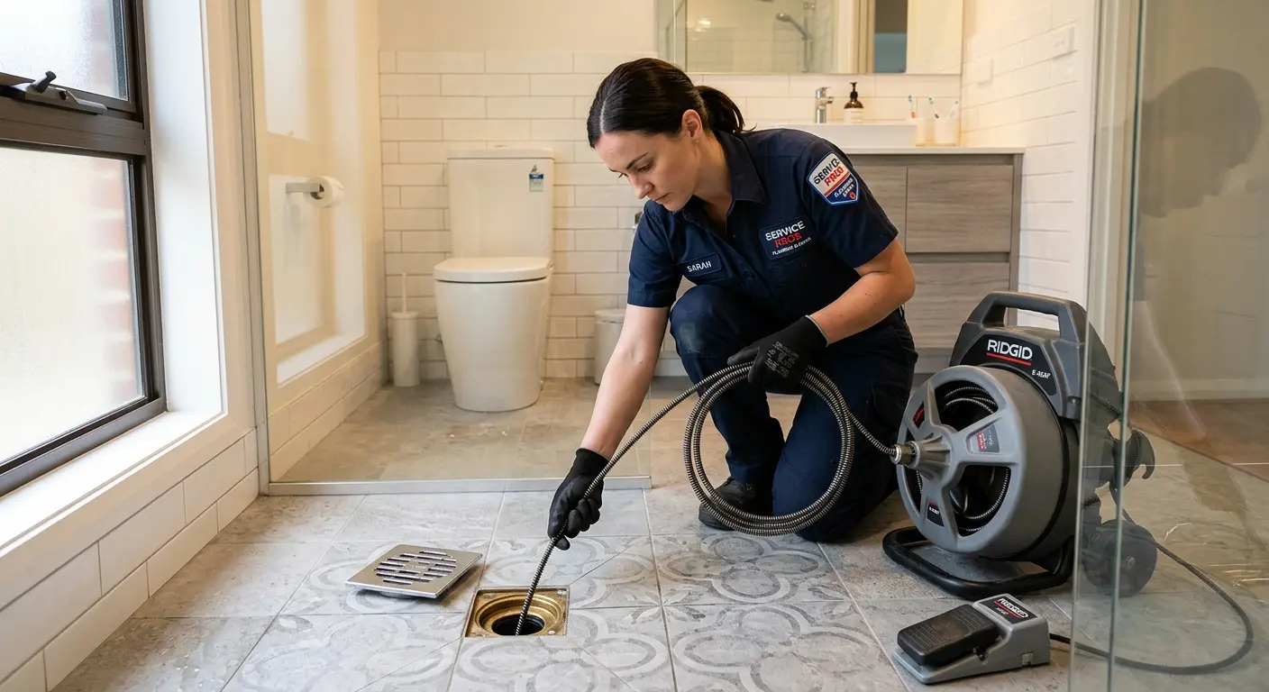 Technician clearing a bathroom floor drain for Drain Repair in Little Ferry